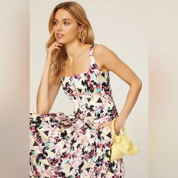 Aidan AIDAN MATTOX Floral Print Square Neck Satin Sleeveless Midi Dress Size 12